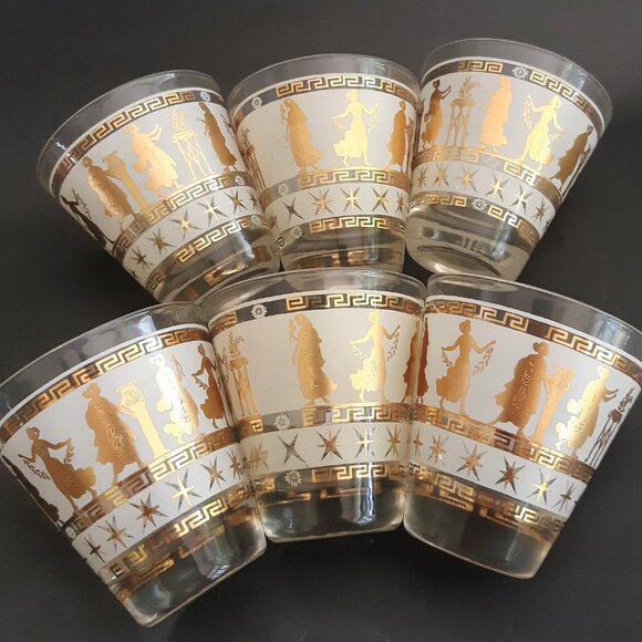 VTG Mid Century Set of 6 Lowball Whisky Glasses Tapered Aldon Goddess Starburst - Picture 2 of 15
